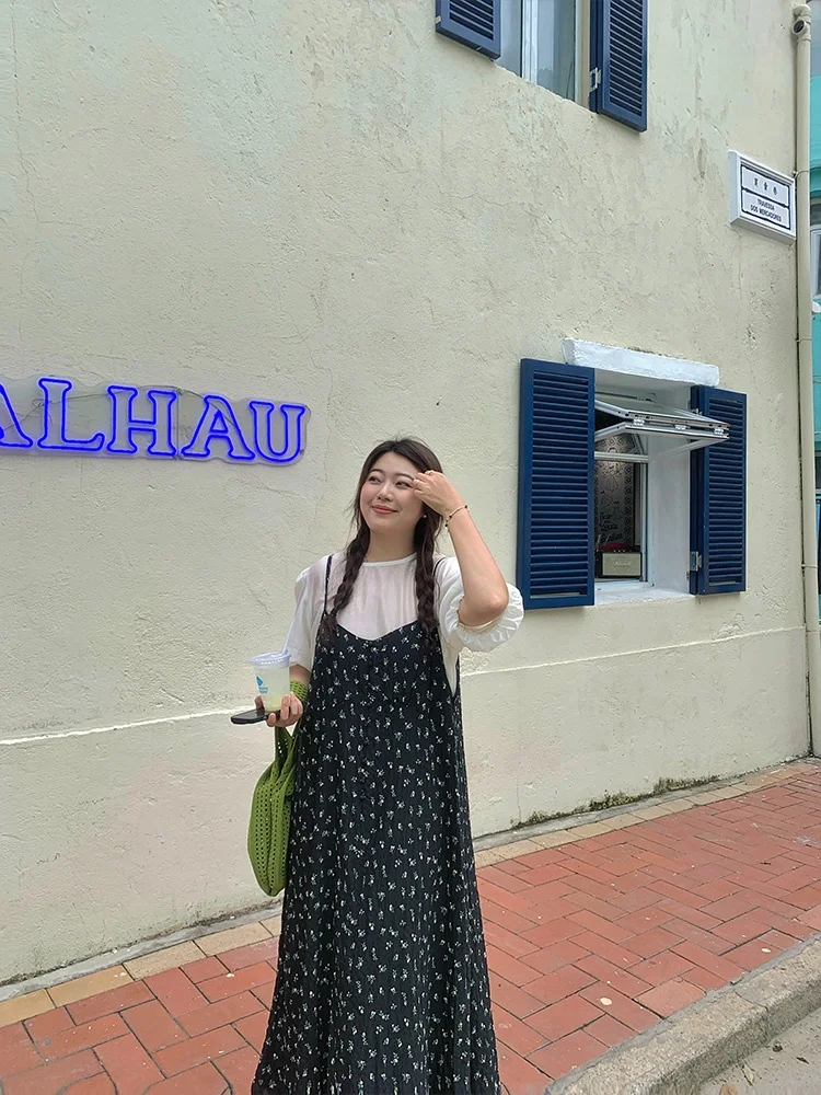 

Lin Da Hui plus Size Floral Print Strap Dr Set Summer New Sle Slimming Two-Piece Long Dr for Plump Women