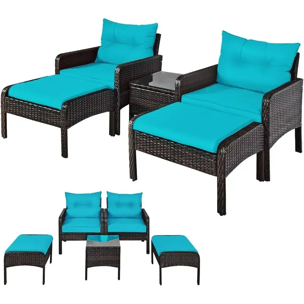 5-Piece Outdoor Patio Furniture Set with Cushions, Glass Table, Ottomans & Chairs, Turquoise