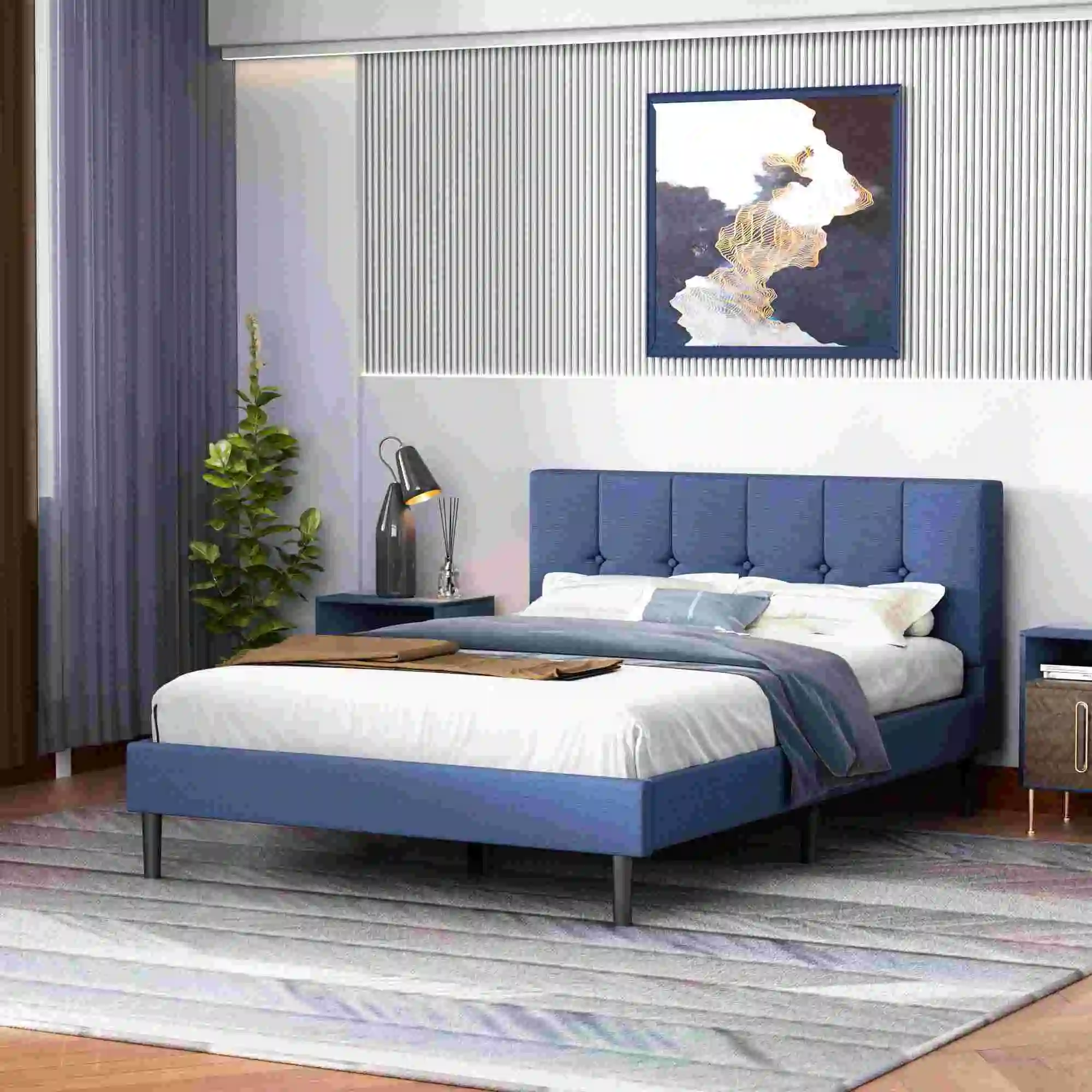 !@Multiple Colors Matel Bed Frame Modern Bedstead with Fabric Headboard