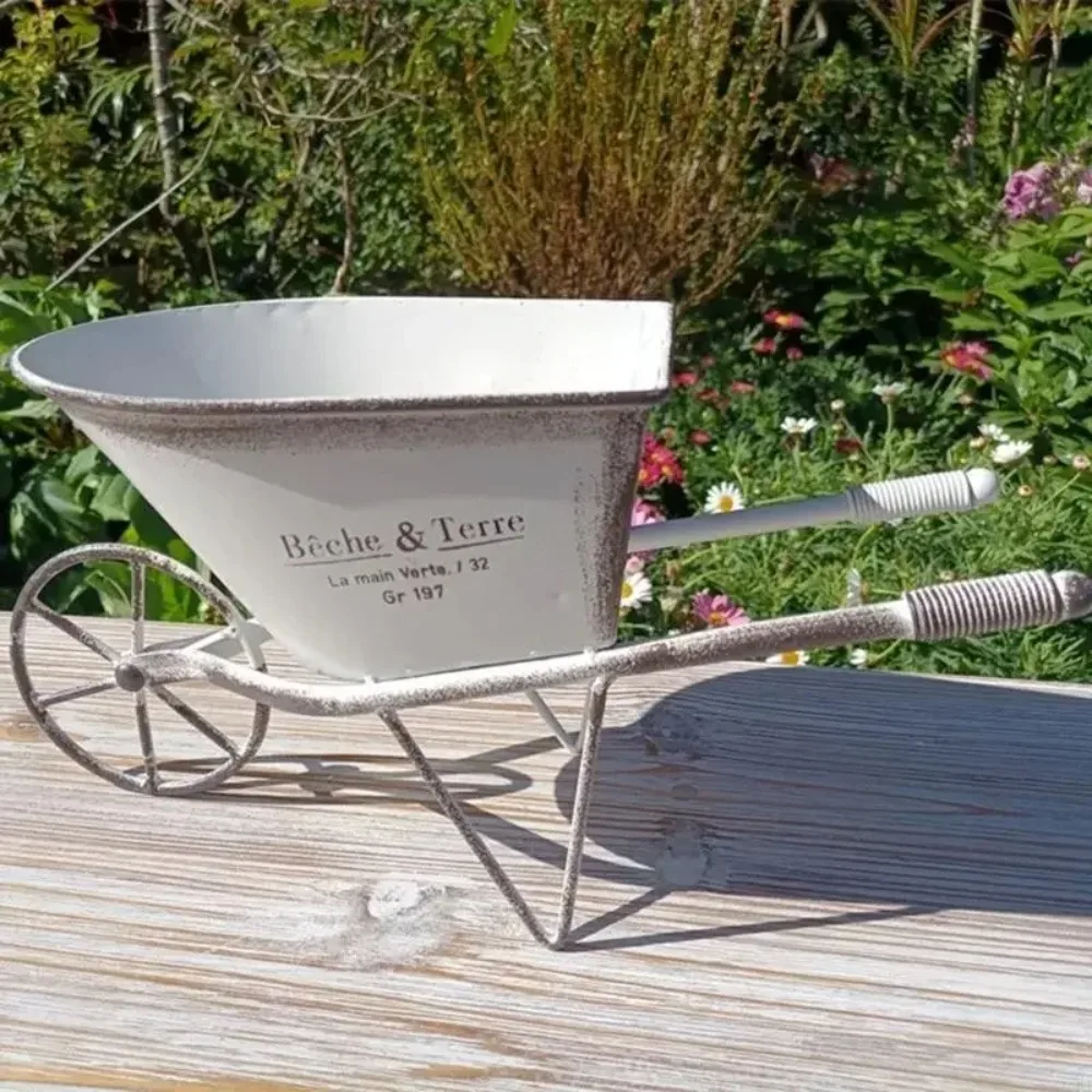 Classical Iron Art Single Wheel Cart for Garden Decors Metal Wheelbarrow Small Planter Flower Pots Plant Container Gift