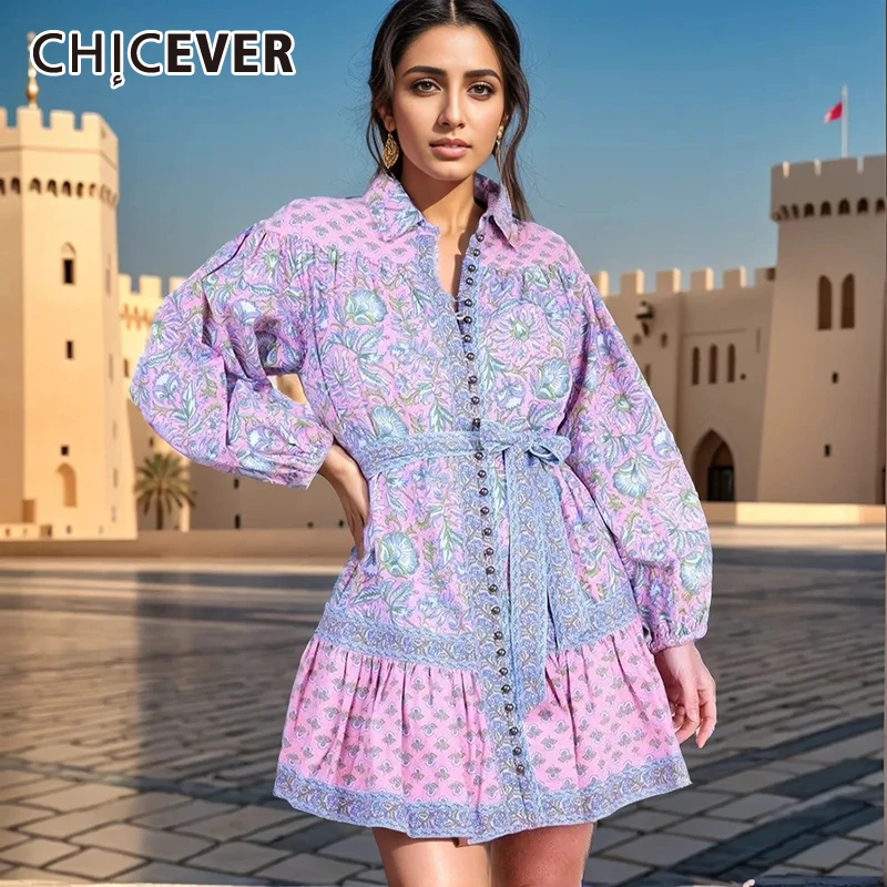 

CHICEVER Printing Mini Casual Dresses For Women Lapel Long Sleeve Spliced Lace Up Hit Color Vintage Dress Female Summer Clothing