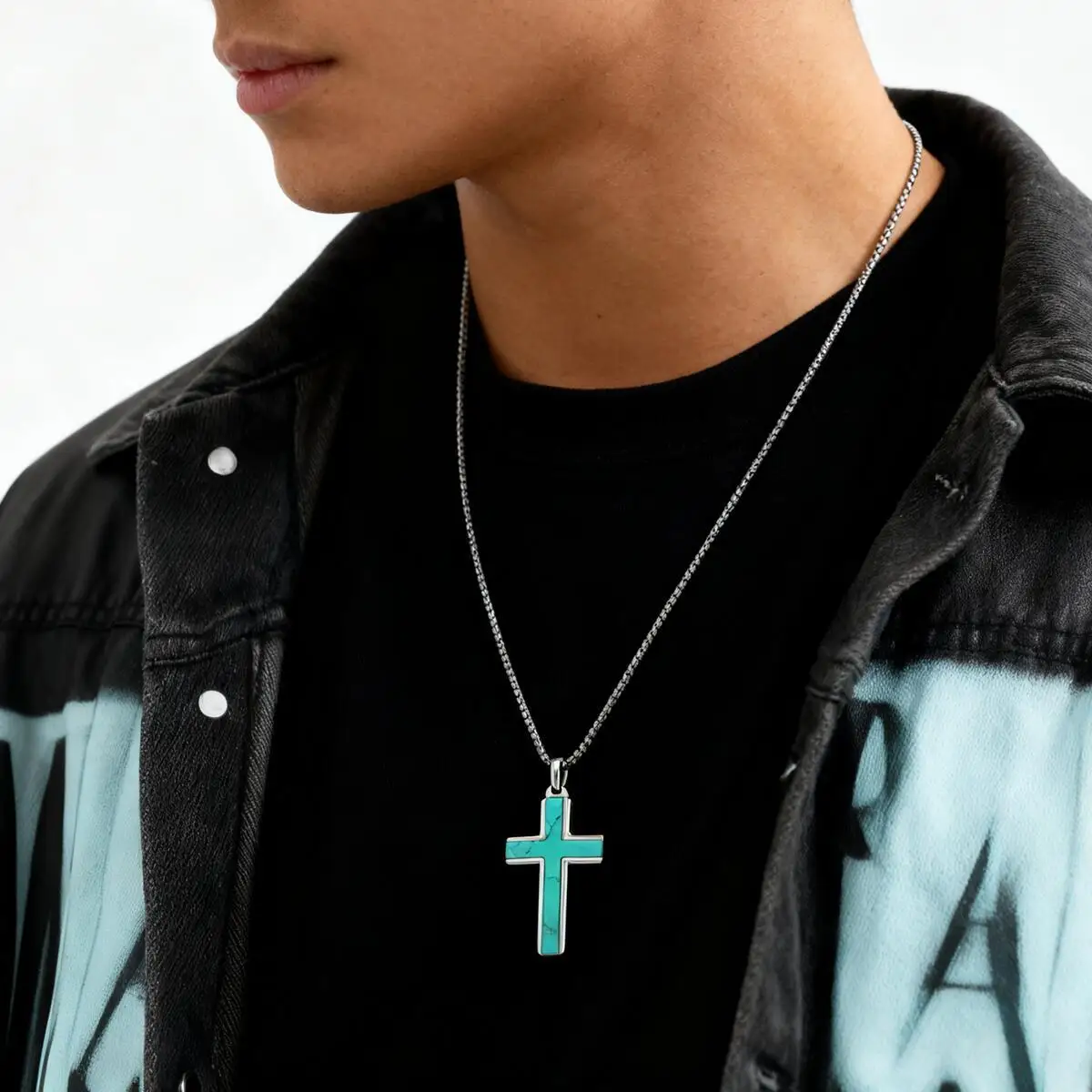 Stilvolle Herren-Kreuz-Halskette aus natürlichem schwarzem Onyx, wasserdichter Kreuz-Anhänger aus Edelstahl, Weihnachtsgeschenk zum Valentinstag – Detail 4