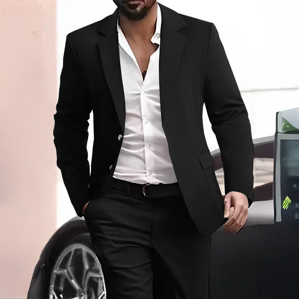 

Черные мужские костюмы, модный деловой повседневный свадебный смокинг из двух предметов (пиджак + брюки), деловой офисный костюм, тонкий