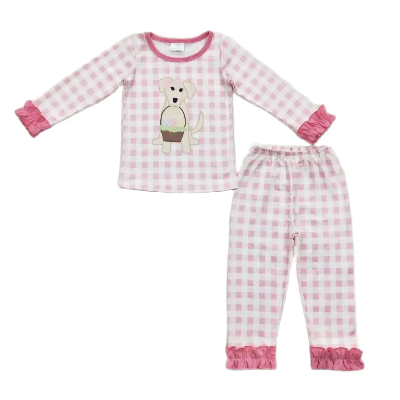 

Easter Dog eggs Outfits for baby girls Boutique wholesale Clothing Toddlers Kids long Sleeves pink plaid pants kids cute sets