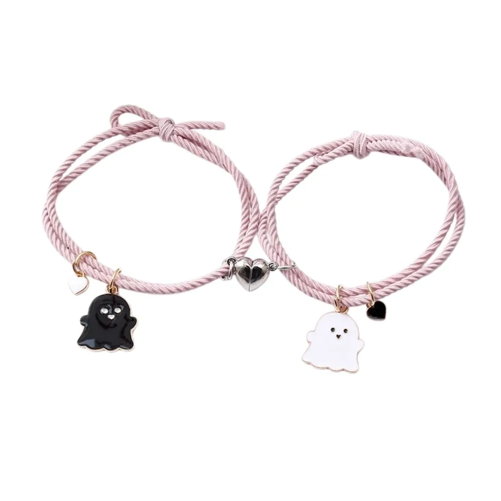 Halloween Cartoon Ghost Magnetic Rope Bracelet Love Heart Magnet Multicolor String Magnetic Bracelet 1 Pair Black White Ghost