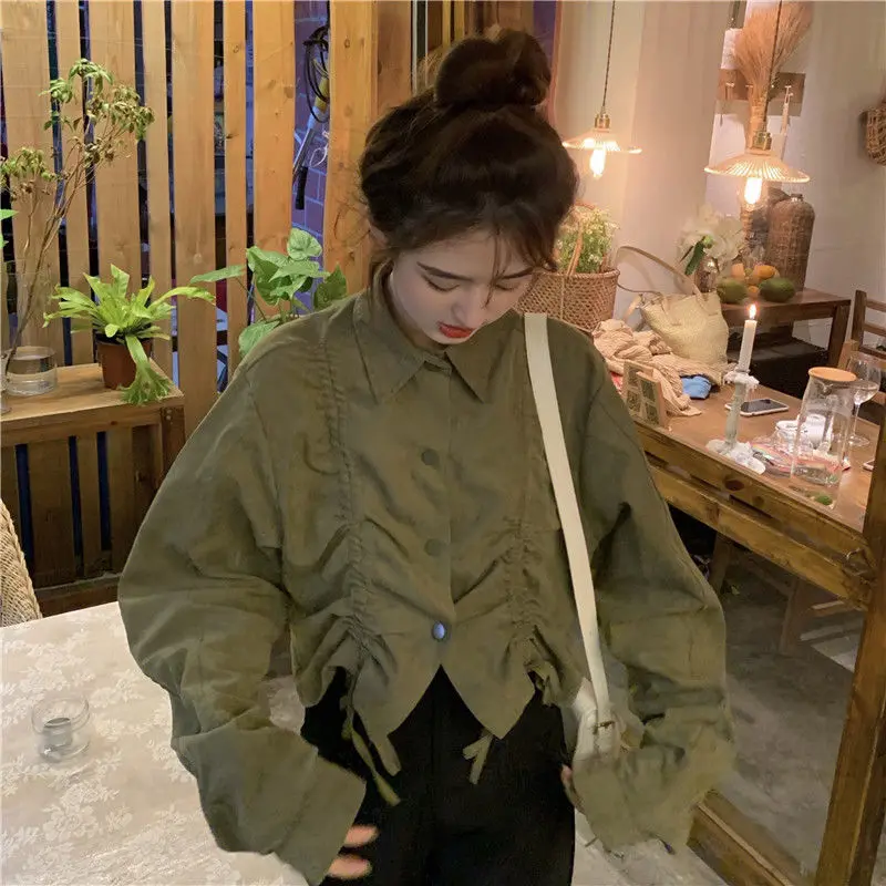 Loose Casual Short Drawstring Blouse Spring Autumn Polo Neck Long Sleeve Solid Trend Shirt Tops Vintage Fashion Women Clothing