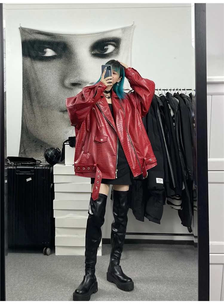 Lautaro Spring Autumn Oversized Red Shiny Crocodile Pattern Leather Biker Jacket Women Long Sleeve Zipper Belt Cool Fashion 2022