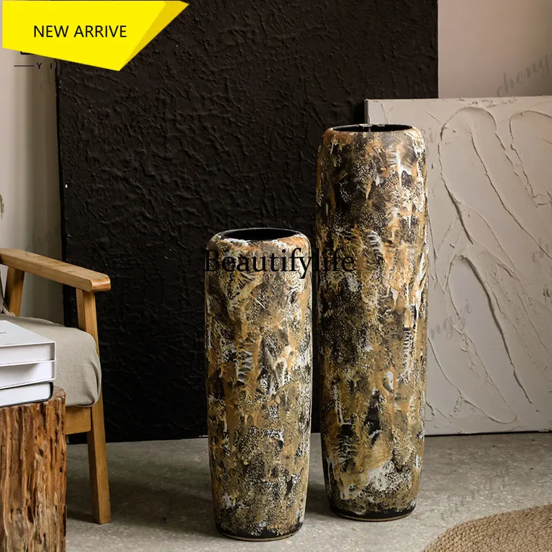 a95 Ceramic floor-to-ceiling vase, wabi-sabi wind flower arrangement, Nordic retro coarse pottery decoration bed and breakfast