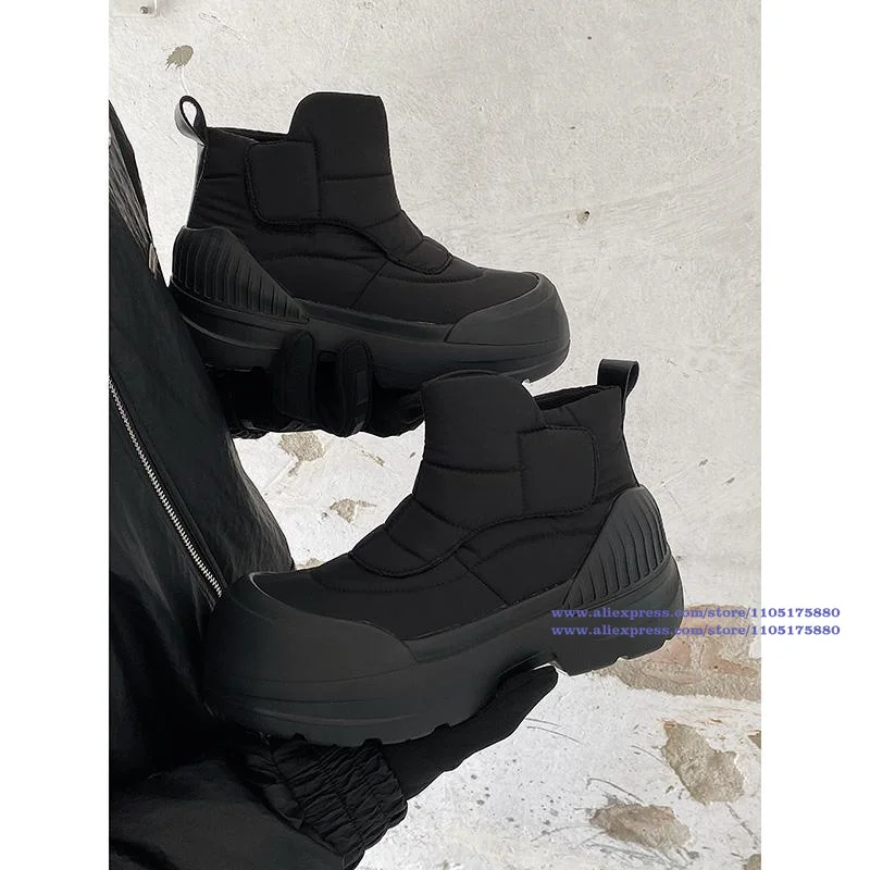 Thick-Soled Snow Boots Big Round Toe High Top Men's Boots Black Leather Shoes British Style Trendy Men Shoes Botas Mujer