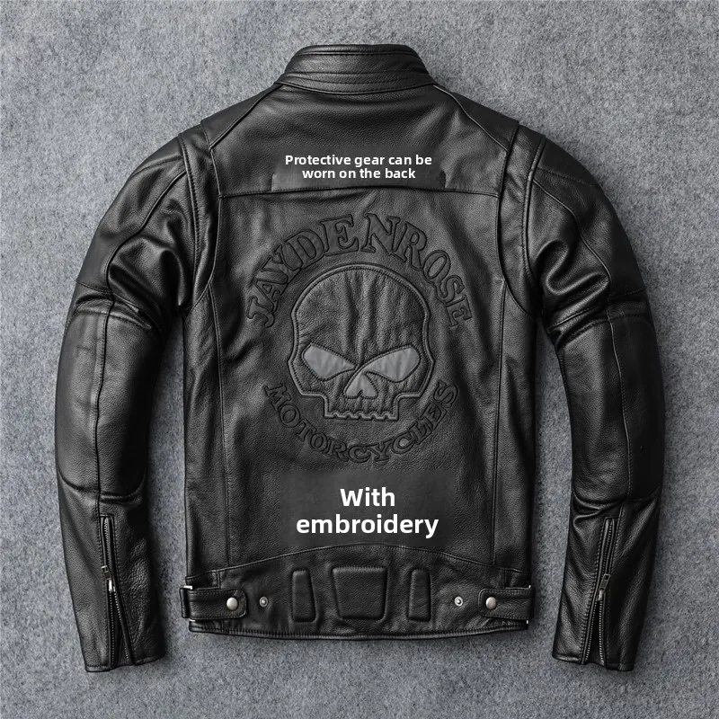 

New autumn men's leather jacket embroidered and embroidered slim short cowhide leather jacket men's motorcycle jacket