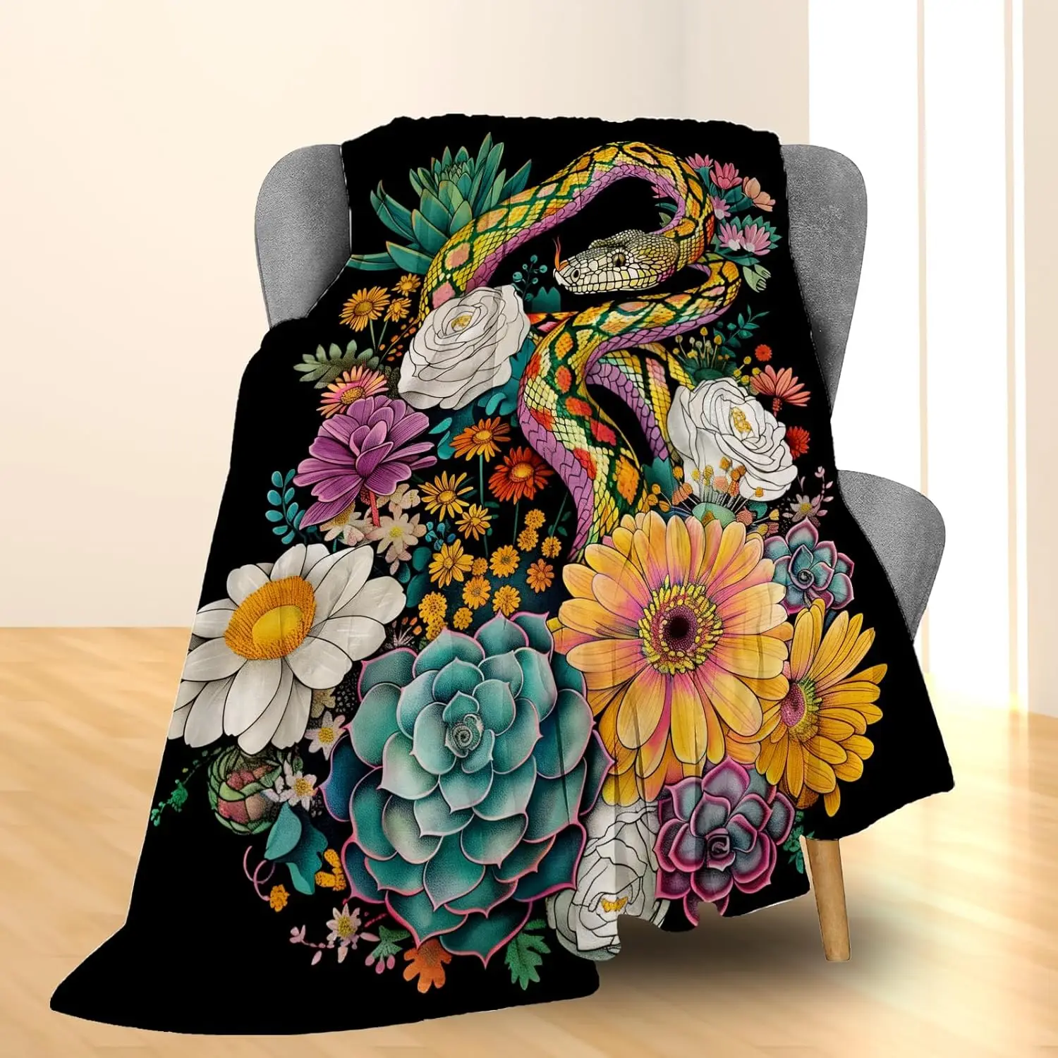 Snake blanket floral design colorful reptile pattern soft throw boho decor bedroom textile mystical art cozy accessory
