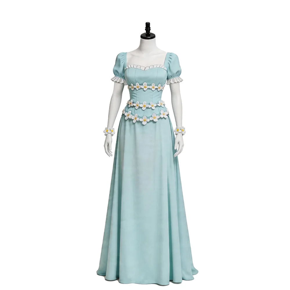 

Women's Light Blue Princess Ball Gown with Daisy Floral Decorations Puff Sleeve Maxi Dress for Cosplay Halloween Party Gown