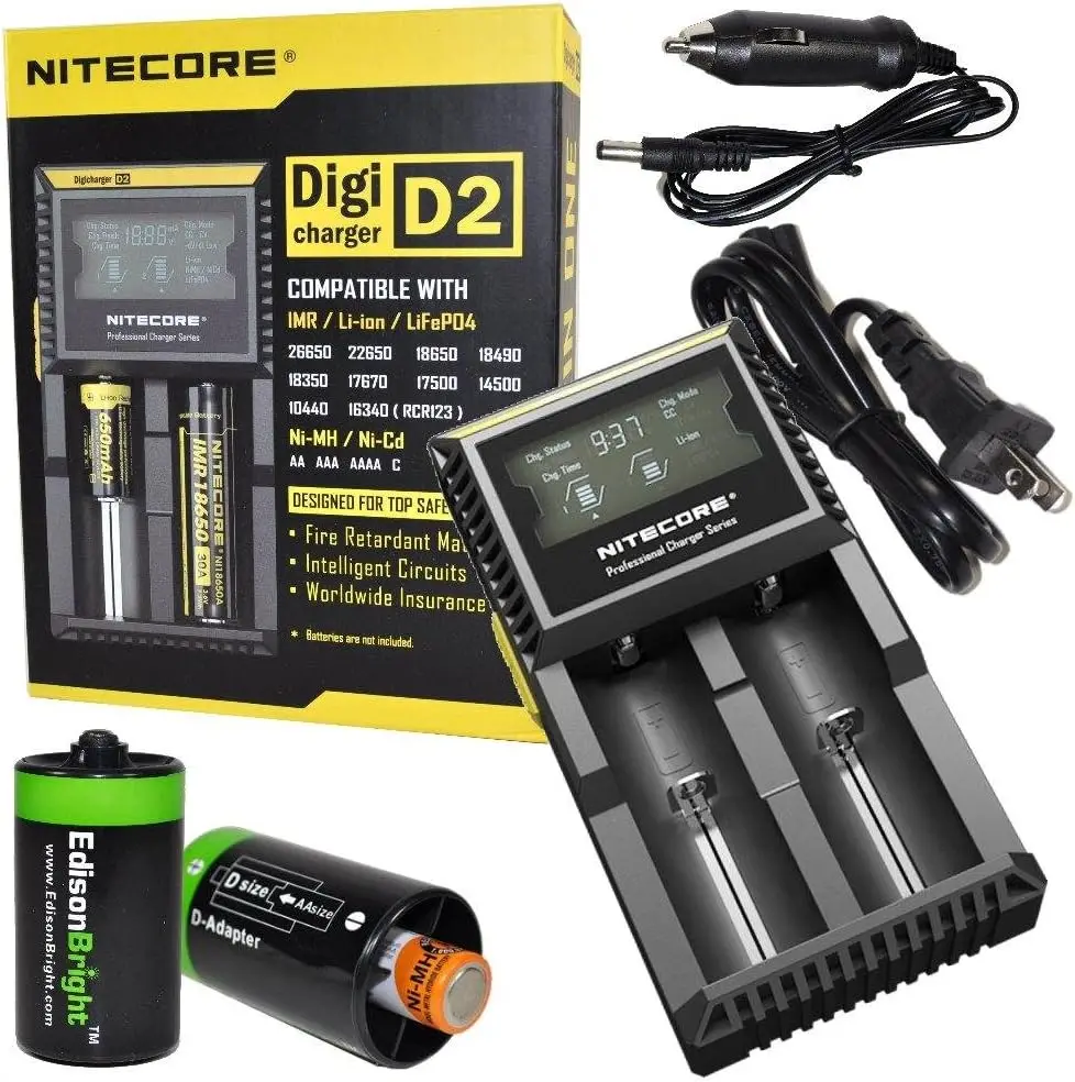 Nitecore D2 شاحن ذكي LCD 2015 لـ 18650 26650 AA AAA Ni-MH Ni-Cd مع أسلاك وفواصل تيار متردد/تيار مستمر
