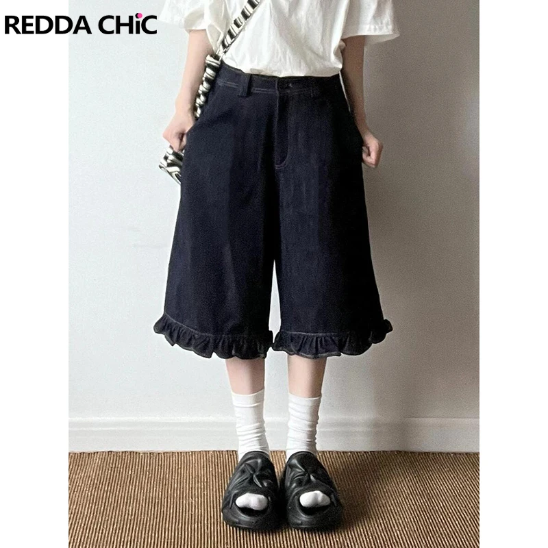 REDDACHiC 90s Retro Women Ruffle Hem Baggy Jorts Wash Frilly Trousers High Rise Straight Wide Solid Denim Shorts Summer Clothes