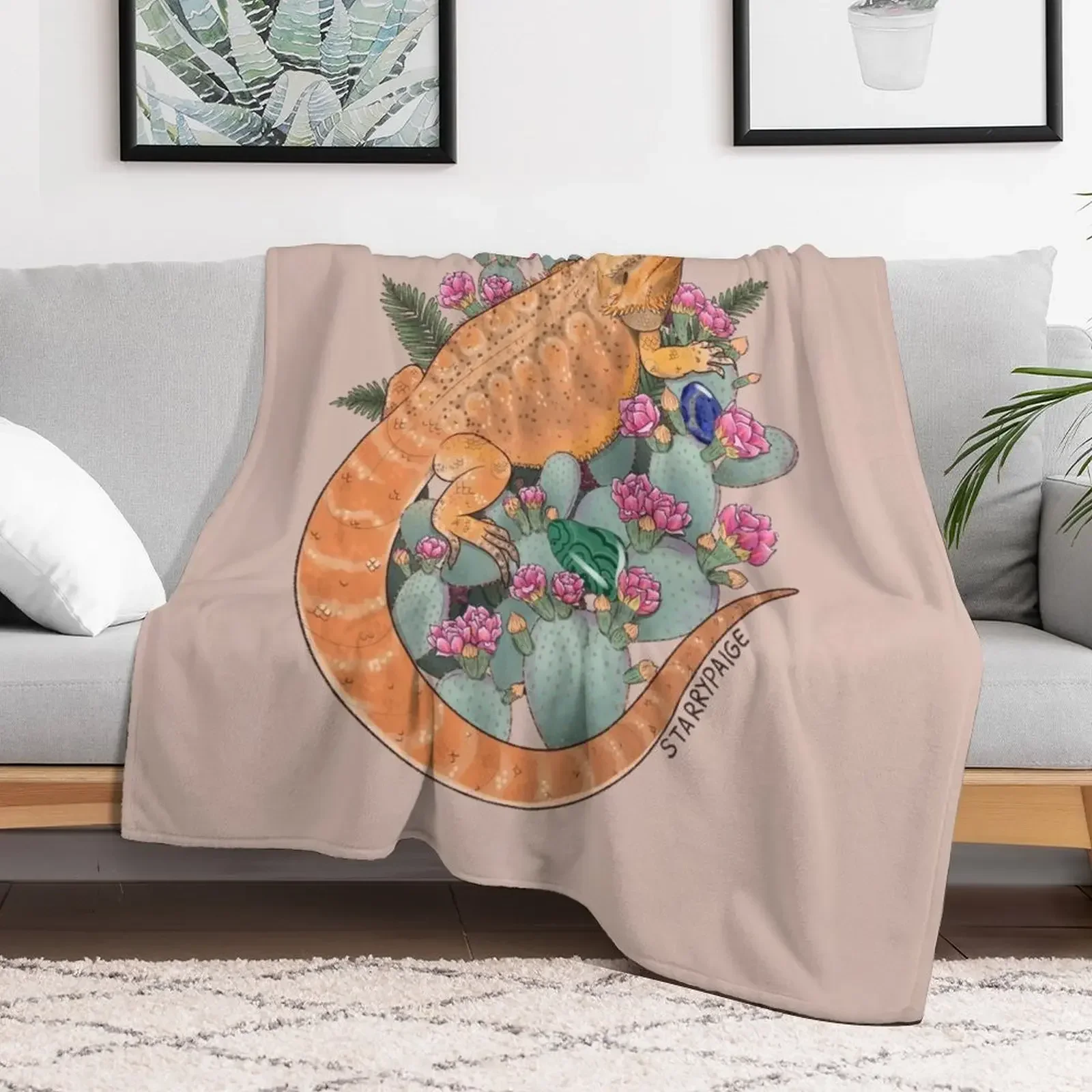 Bearded Dragon with Blooming Opuntia Cactus and Boston Ferns with Crystals Throw Blanket Loose Weighted Blankets