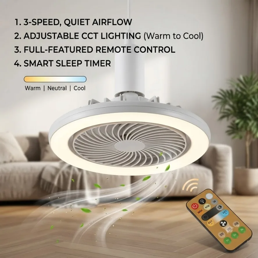 30W E27 Rotatable 3in1 Ceiling Fan with Remote Control Lighting Lamp E14 B22 Converter Base Lighting Base Bedroom Living Room