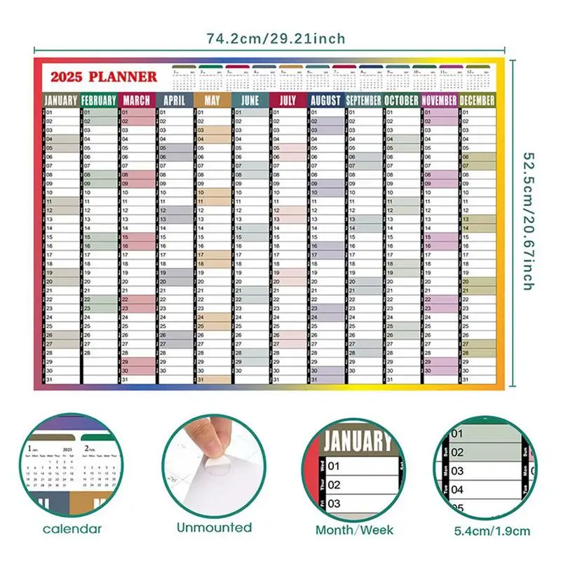 Póster de calendario de pared 2025, planificador de pared anual anual de 12 meses con pegatinas, papel grueso, organización del hogar para planificación