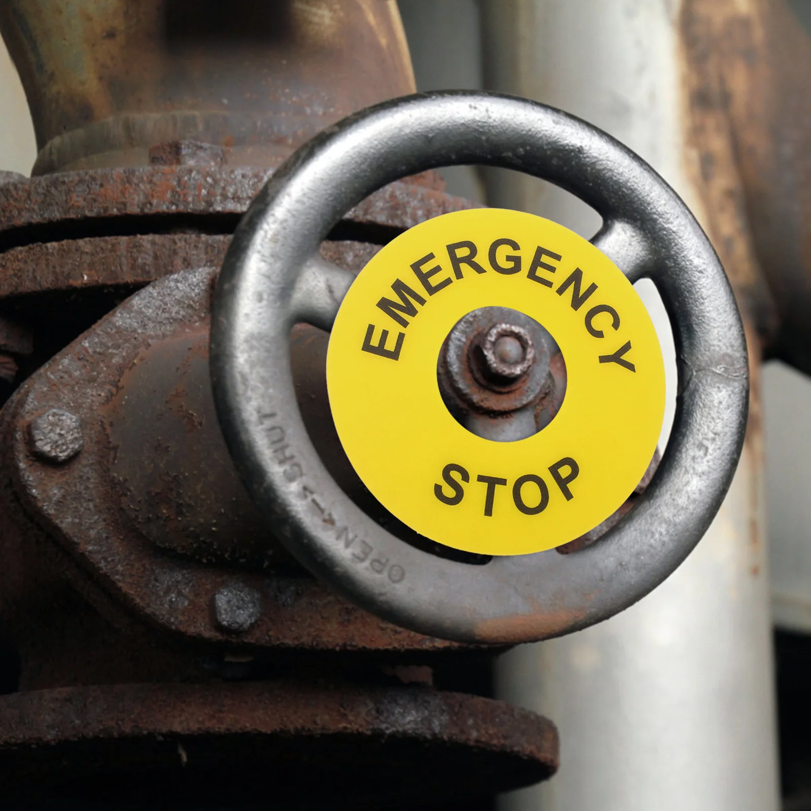 6 pezzi di etichette di arresto di emergenza gialle autoadesive di avvertimento di sicurezza industriale in PVC durevole per pulsante di attrezzature per macchinari