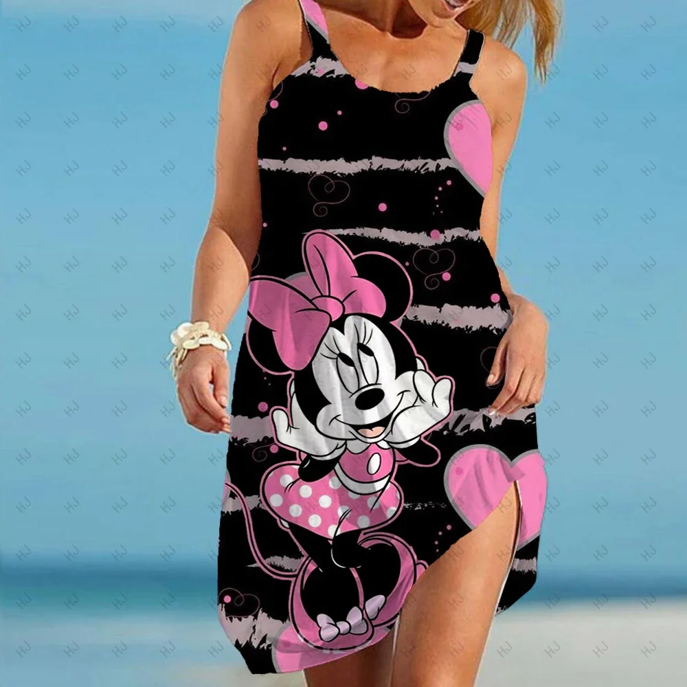 Disney-Robe imprimée Minnie Mouse pour femme, col rond, écharpe sexy, design de robe de plage élégant, amour, hors initié, été