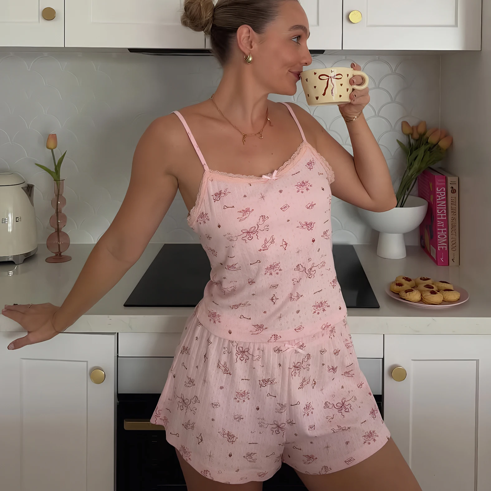 

Hiloc Casual Women 2 Piece Pajama Shorts Set Pink Cupid Cherub Print Cami Top Bow Shorts Lace Trim Sweet Loungewear Sleepwear