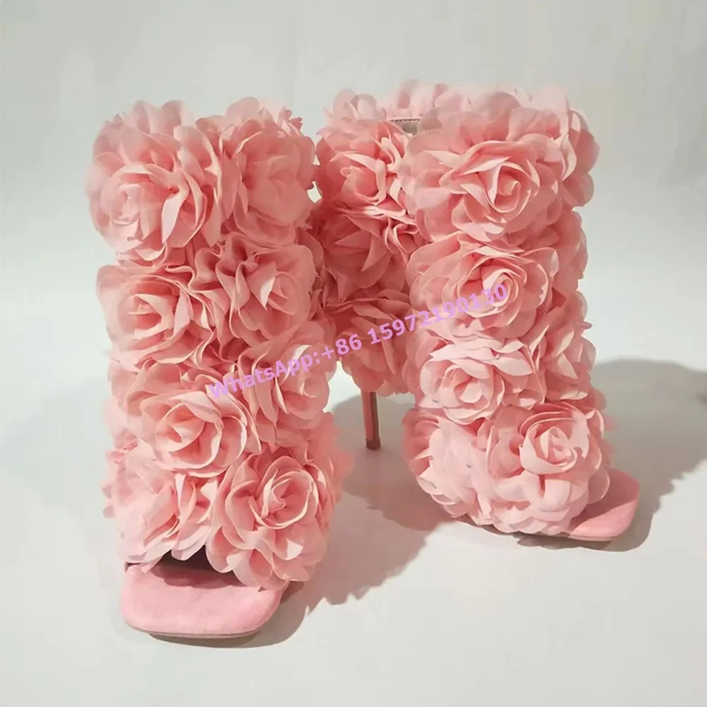 

Square Peep Toe Flower Boots Thin Heels Solid Pink Black Rose Romantic Runway Shoes Street Photo Luxury Hollow Ankle Boots