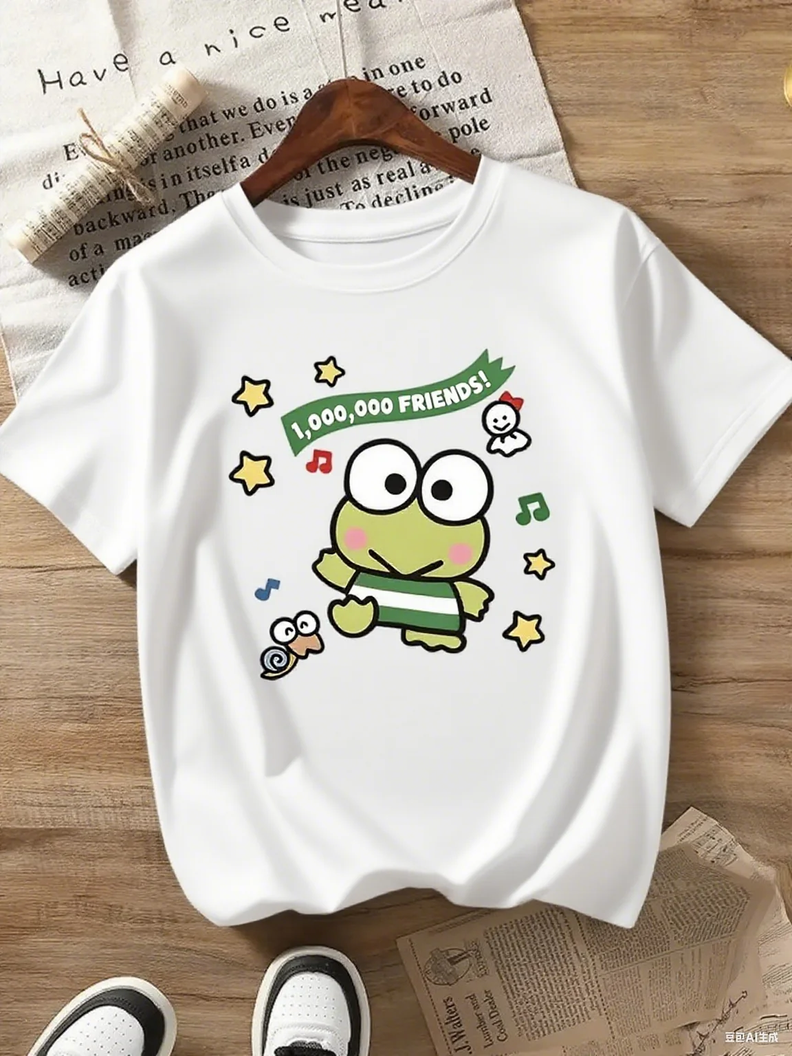 

Kerokerokeroppi “1,000,000 FRIENDS!” Print Pure Cotton T - Shirt Cute Sanrio Character with Stars Music Notes Fun Graphic Tee