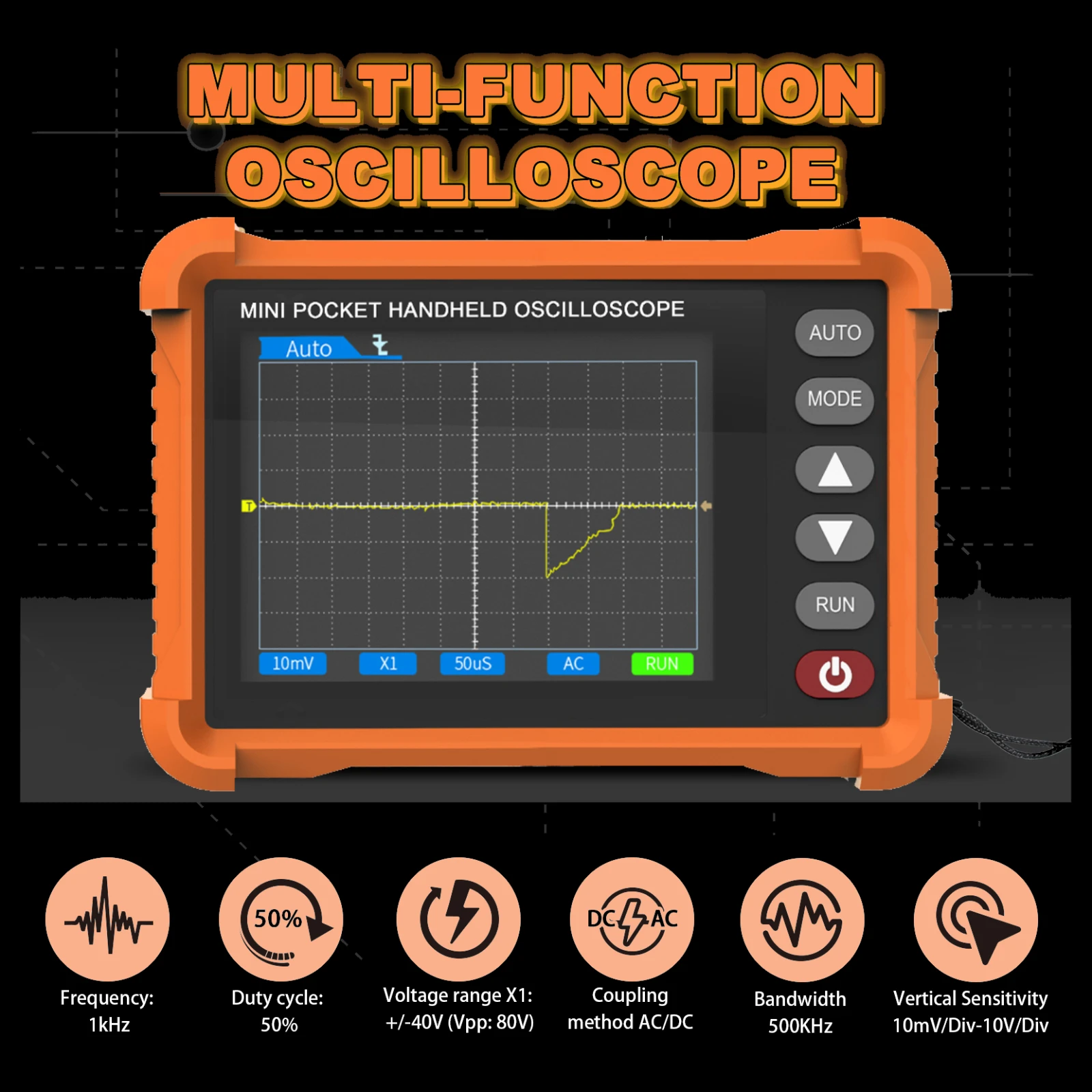 Oscilloscope, AUTO Measurement, Comprehensive Trigger Functions, Real-Time Sampling Rate of 2.5MS/s, a Bandwidth of 500kHz