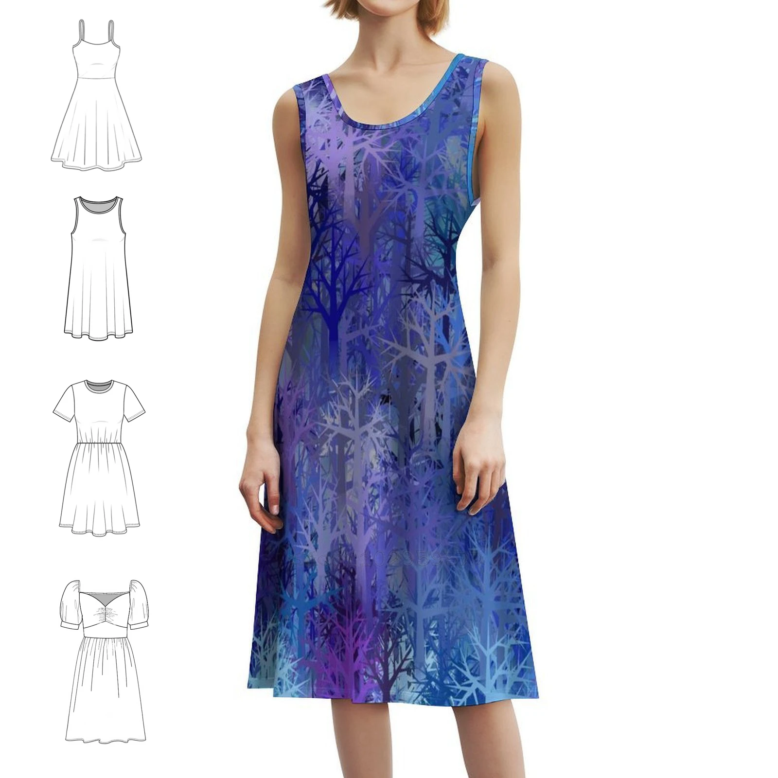 

Женское элегантное праздничное платье с синими линиями дерева, платье трапециевидной формы с короткими/длинными/без рукавов, абстрактное этническое бохо в богемном стиле