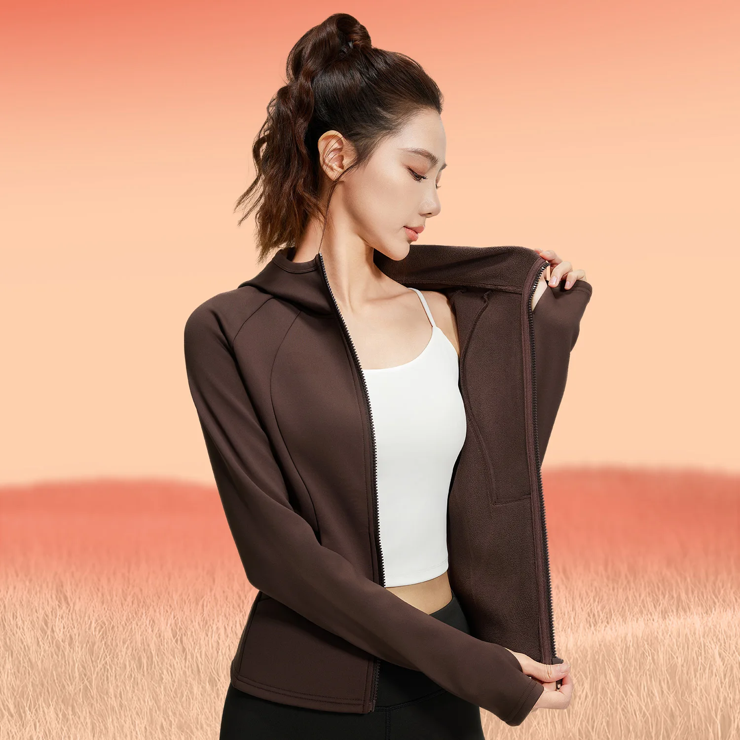 Plus Size Women Fleece Lined Hooded Yoga Jacket Full Zip Long Sleeve High Stretch Slimming Warm Gym Workout Sports Jacket