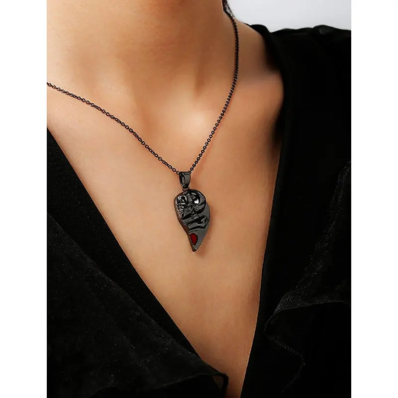 Red Love Pendant Metal Black Skeleton Heart Necklace for Women Men Couple Jewelry Gift Personality Punk Neck Chain 2023 New