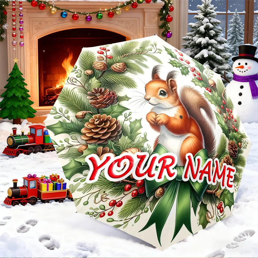 Custom Name Umbrella,Personalized Christmas Squirrel with Green Bow and Pinecone Design,Portable Folding Umbrella,Christmas Gift