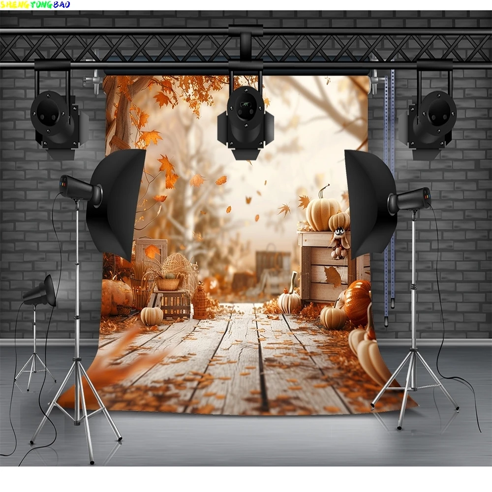 Halloween Day Autumnal Pumpkins Photography Backdrops Props Maple Leaf Scarecrow Farm Harvest Thanksgiving Background GE-27