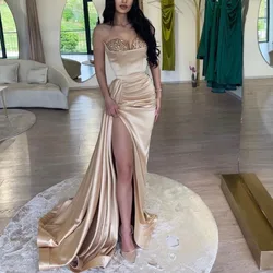 Arabic Champagne Beads Mermaid Evening Dresses Sequined Formal Prom Dresses Sexy Elegant Side Slit Prom Party Gowns For Women