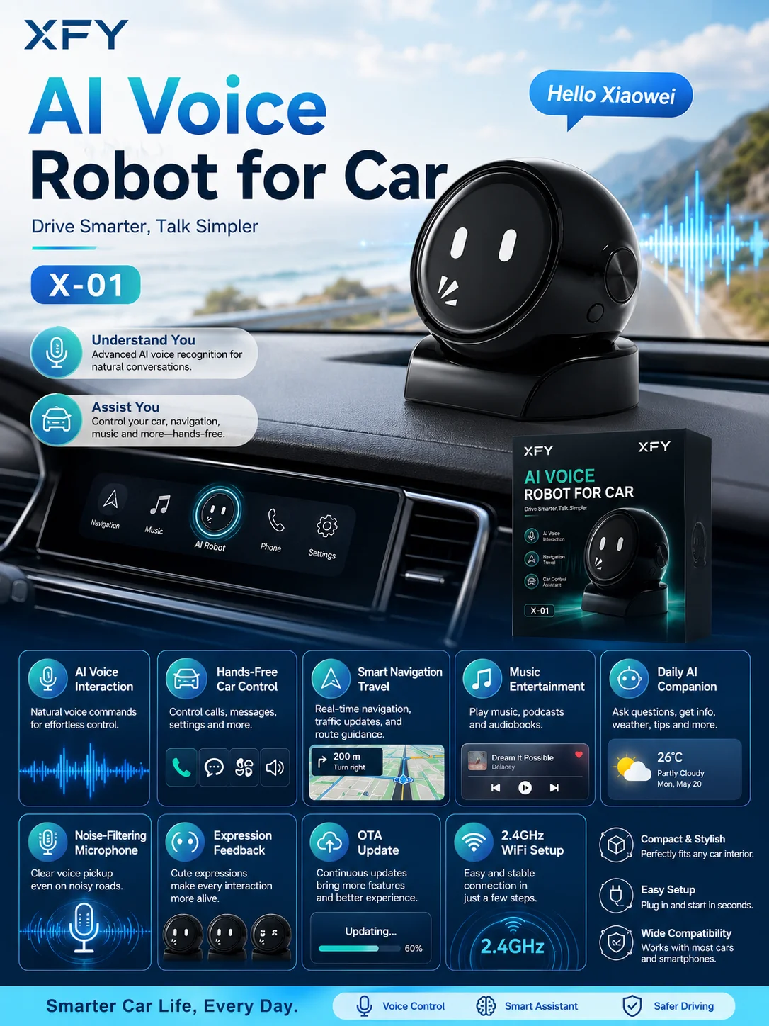 AI Voice Robot for Car XFY X-01 Hands-Free Navigation Music Call Control OTA 2.4GHz WiFi Smart Driving Assistant Car Accessory