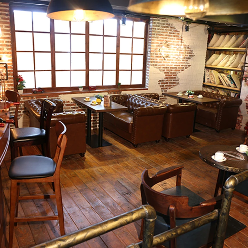 #Hot Sales American Antique Style Cafe Shop Button Design Sofa Bistro Cocktail Customized Leather Couch Commercial Furniture Set