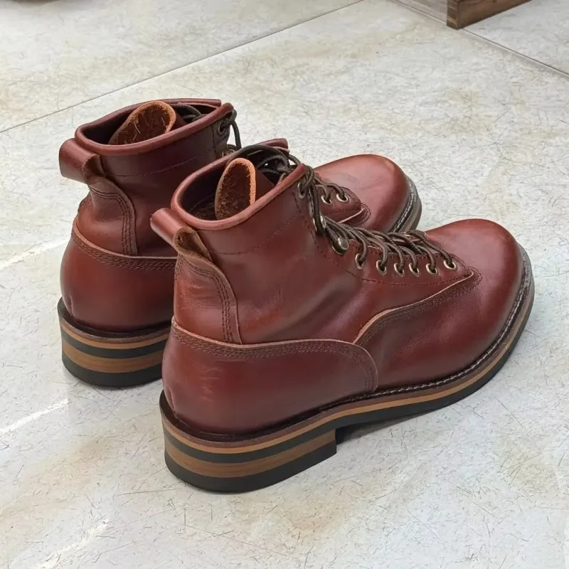 Handmade Vintage British Lace-Up New Genuine Leather Platform Men Wings Ankle Boots Dress Work Casual Wine Red Motorcycle Boots