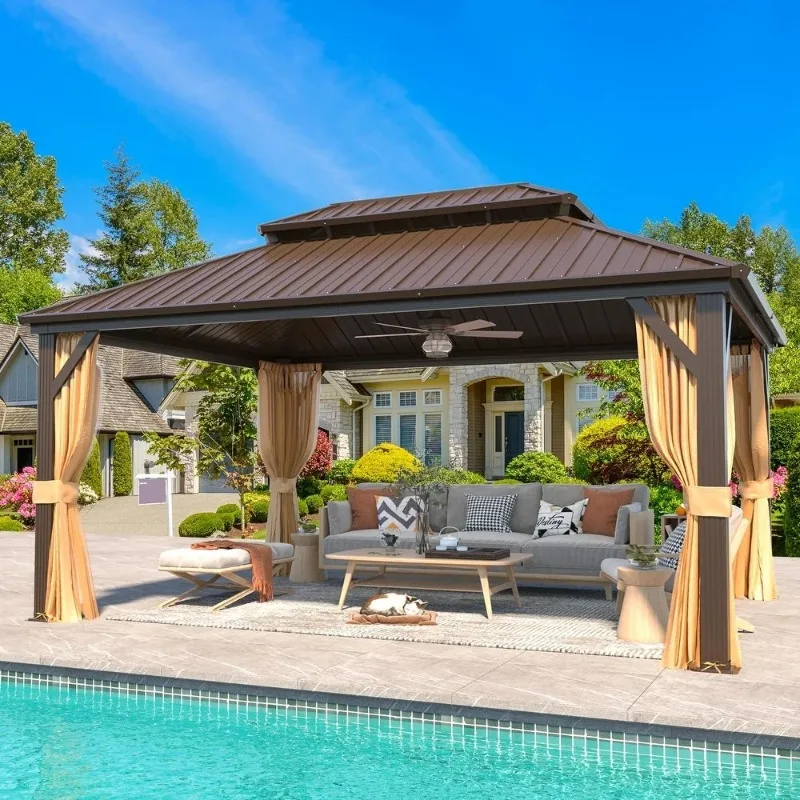 

EROMMY 12'x18' Hardtop Gazebo - Galvanized Steel Double Roof, Aluminum Frame, Curtains, Nettings, Water Resistant, All Season