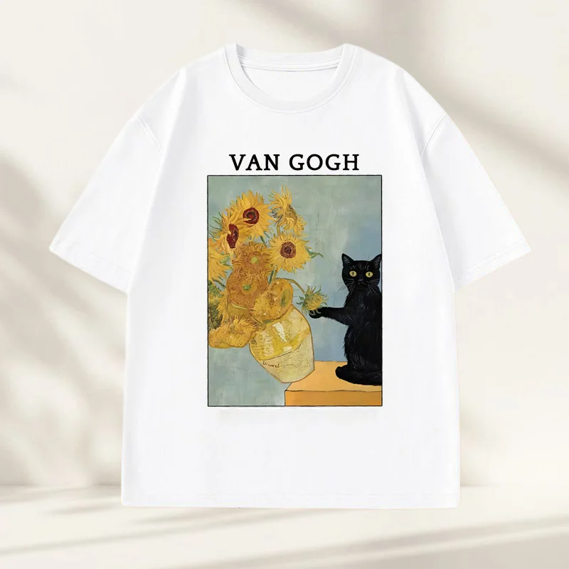 Van Gogh Sunflowers Print T-Shirt Men Women Vintage Harajuku Short Sleeve Tees Casual Round Neck Cotton Tee Shirt Clothes