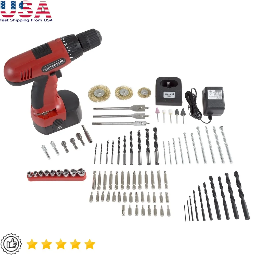 

18V Ni-Cad Cordless Drill with 89 Piece Set Keyless Chuck Torque Settings Screwdriver Bits Carrying Case Power Tool Kit