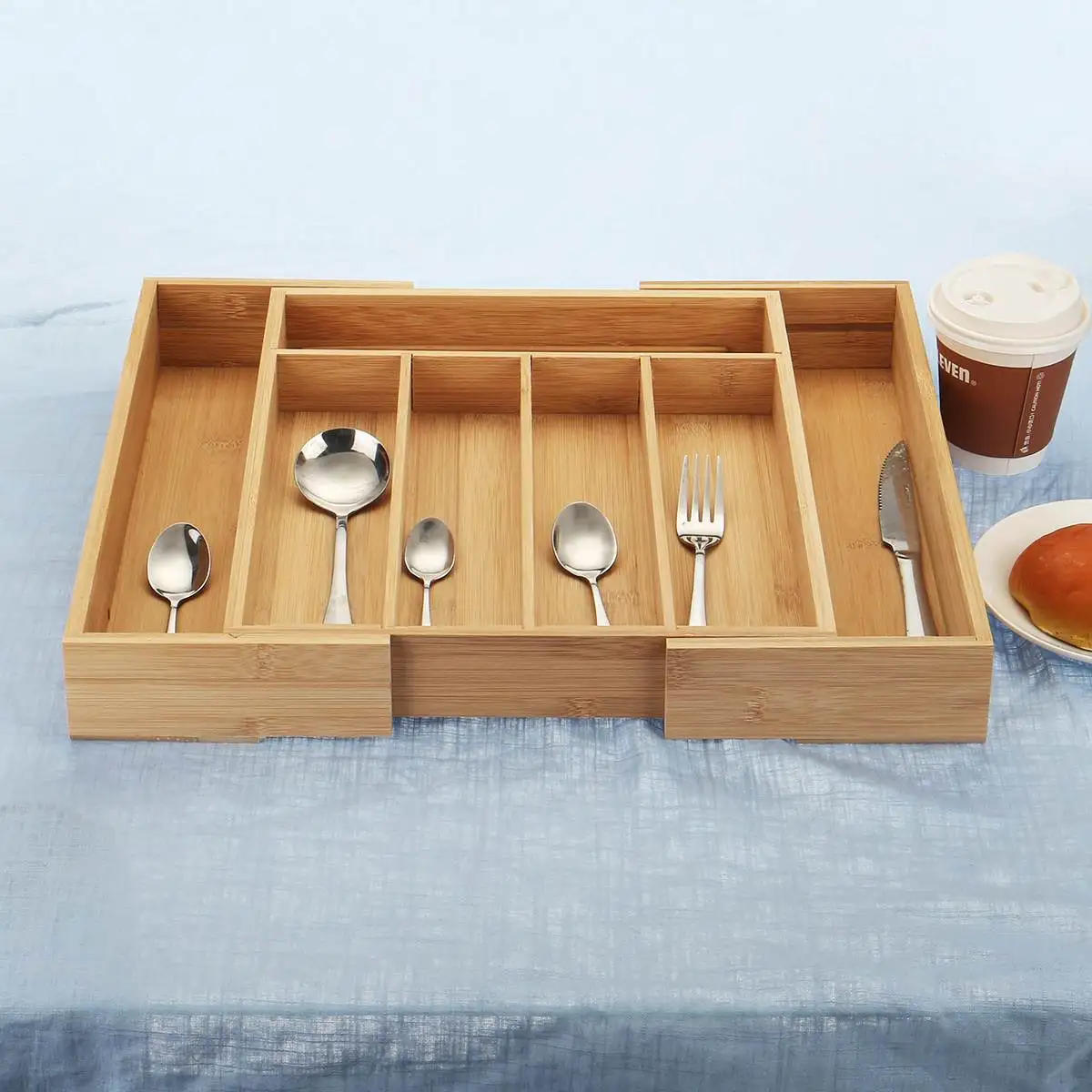 Bamboo Drawer Organizer Drawer Kitchen Cutlery Tray Expandable Utensil Flatware Storage