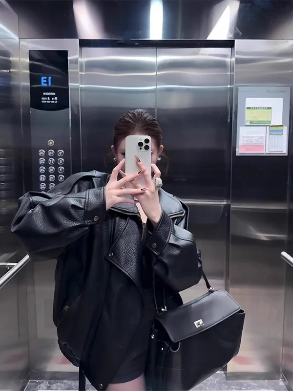 Bla Leder Jaet Damen ort Sle Cool und Rot Frühling Herbst Neuankömmling Motorrad Vintage gepolsterter PU-Ledermantel