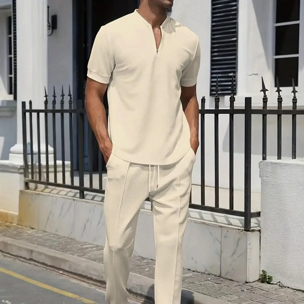 Regular Fit Men Suit Men's Casual Two-piece Outfit Set with Stand Collar Zipper Neckline Tops Elastic Waistband for Versatile