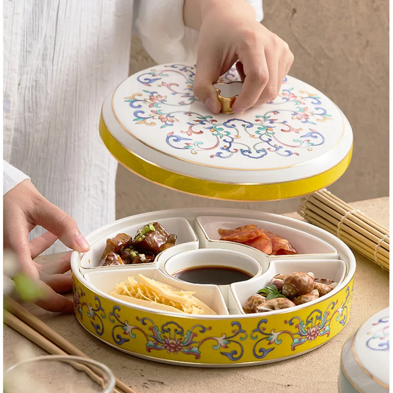 New Chinese Style Fruit Plate Enamel Painting Appetizer Tray Multigrid Dim Sum Dish Restaurant Creative Assorted Cold Dishes