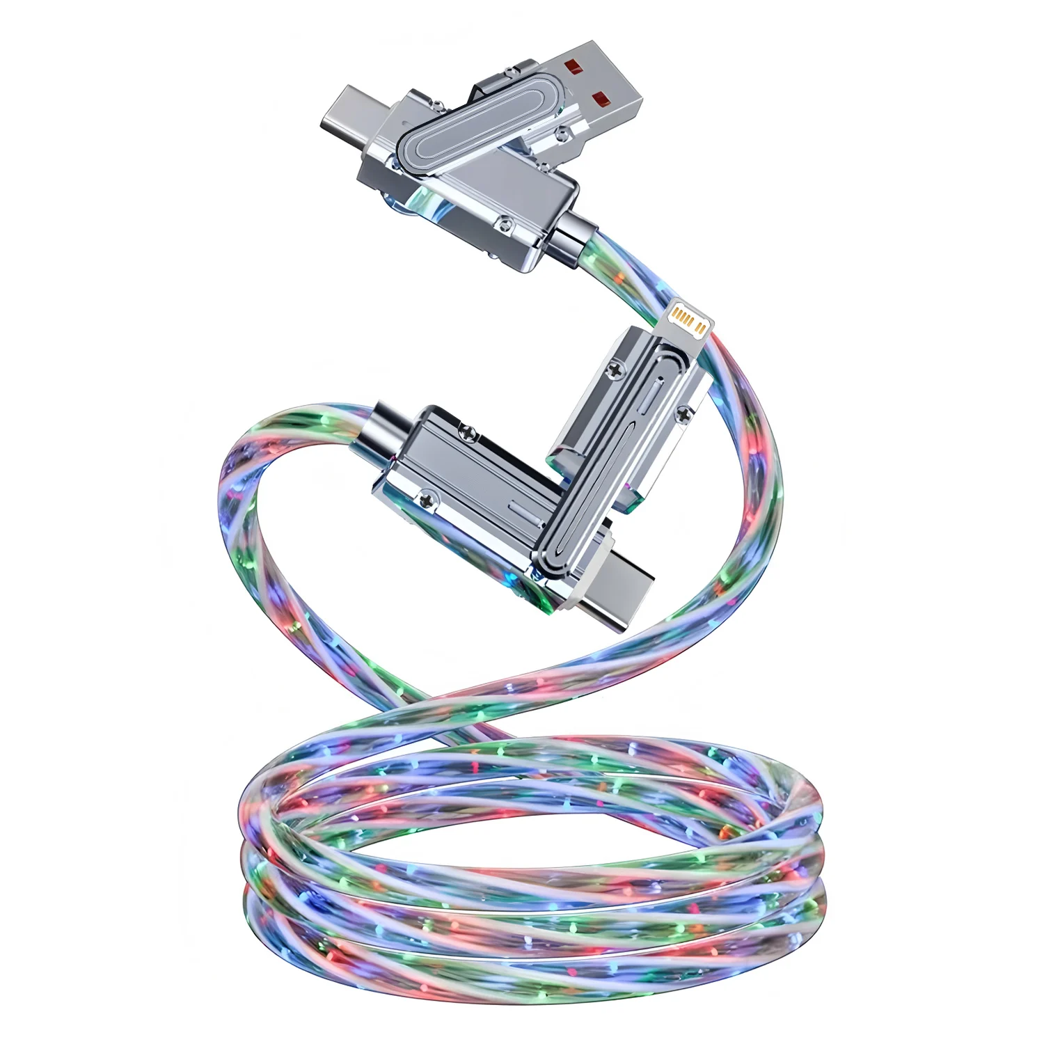 CellPhone Fast Charging Type-C USB Cable 2-IN-2 Multi-Function Data Cable for iPhone iPad Xiaomi PD USB RGB Colorful Light Cord