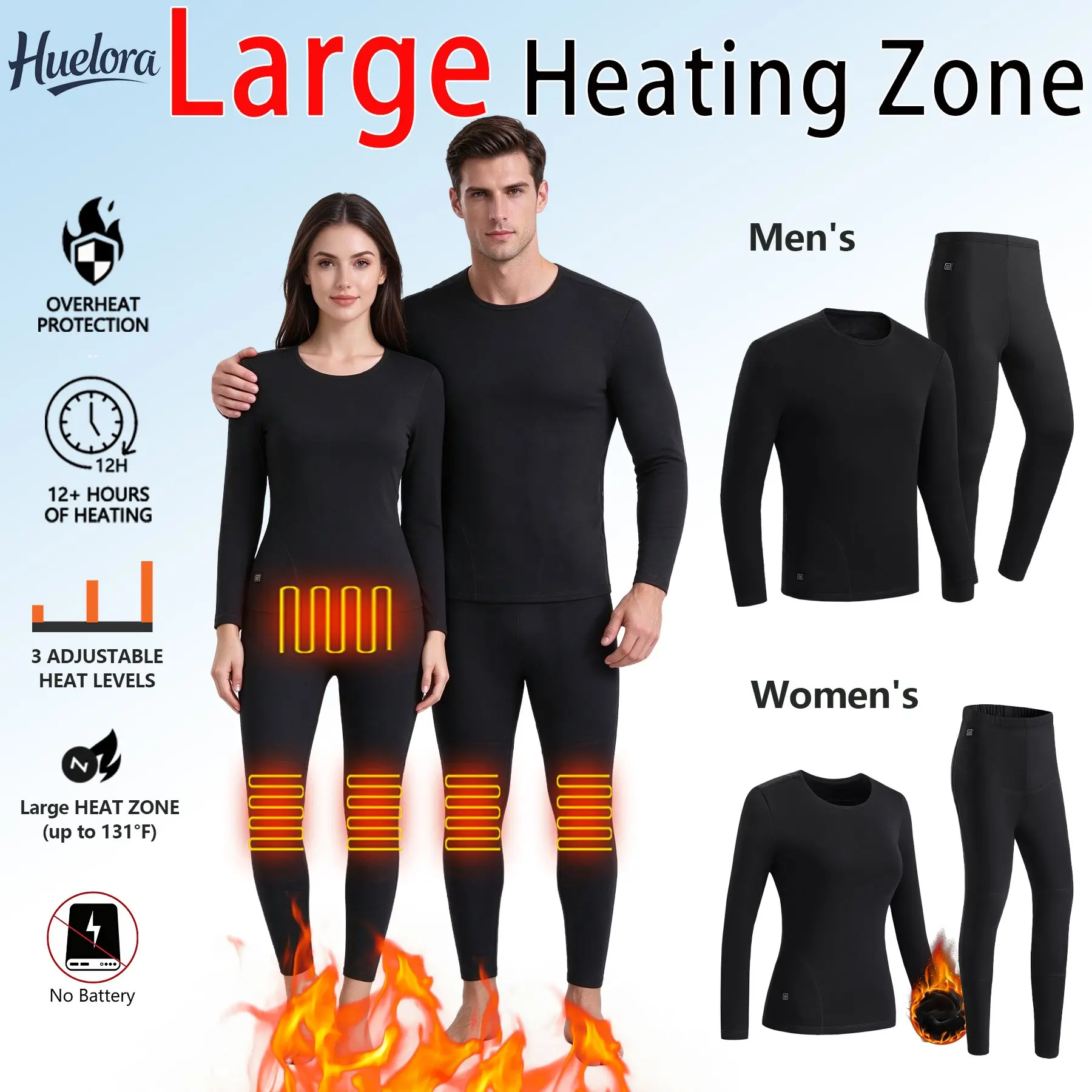 Black Couple Heated Thermal Underwear Set Men Women, Large Heating Zones 3 Adjustable Heat Levels Machine Washable Winter Warm