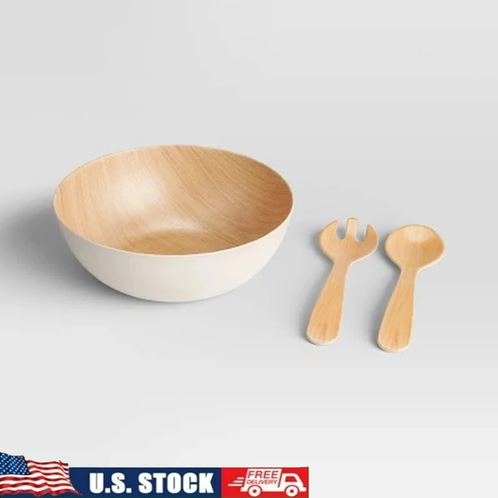 

Round Serving Bowl with Spoon and Fork Utensils Melamine Dishwasher Safe Kitchen Tableware 3 Pieces Dining Accessories