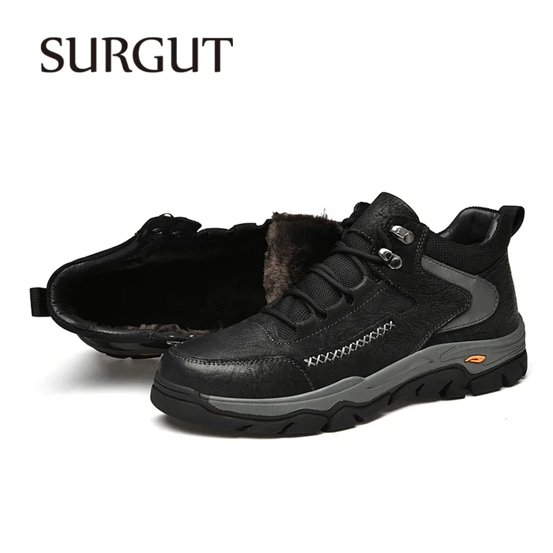 SURGUT Men\'s Winter Boots Warm Plush Men\'s Snow Boots Quality Leather Waterproof Men Sneakers Outdoor Men Hiking Boots Work