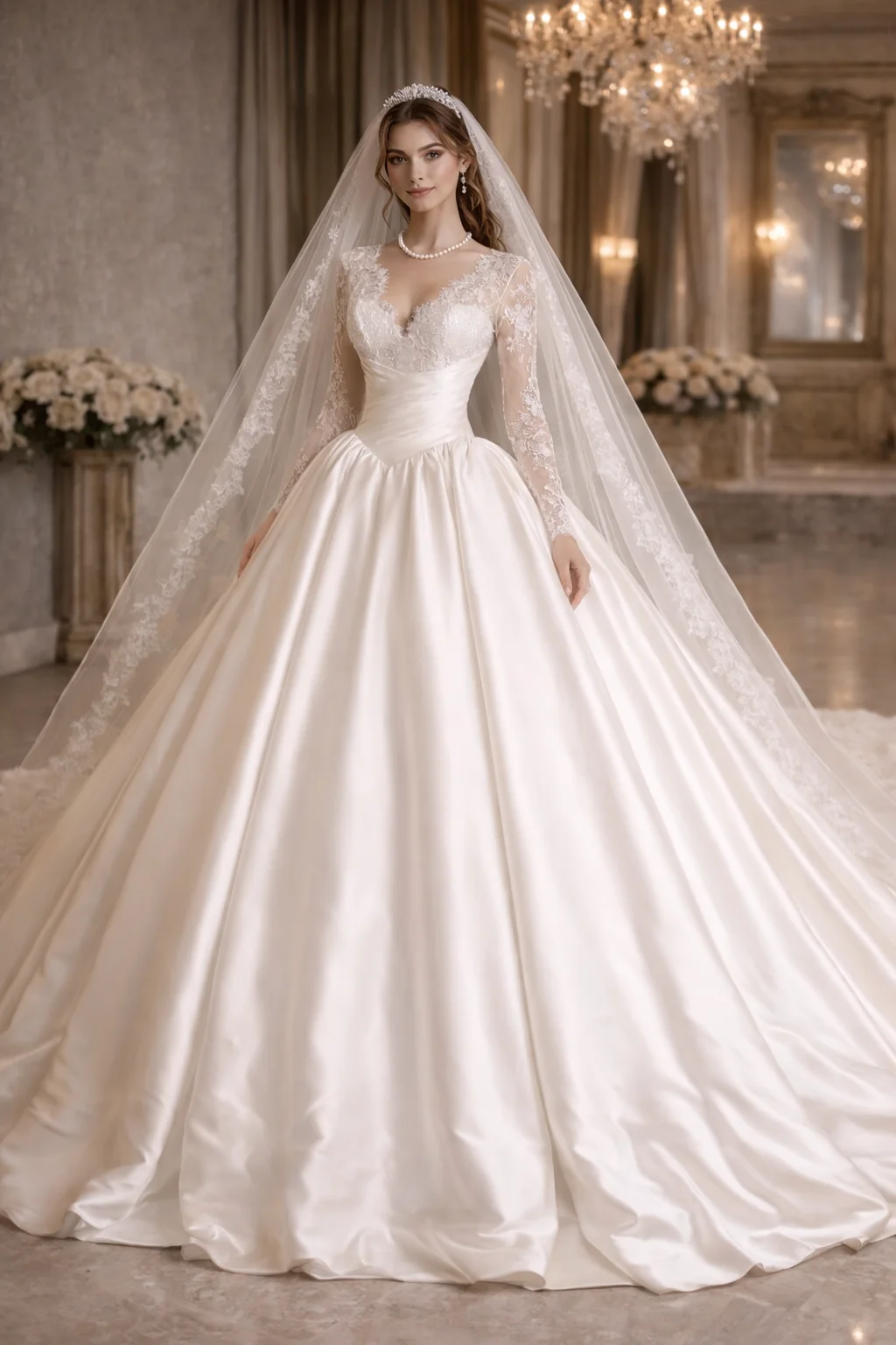 Modest Ball Gown With Lace Wedding Dress Customized V Neck Women's Bridal Gown Stunning Satin Illusion Long Sleeves No Veil