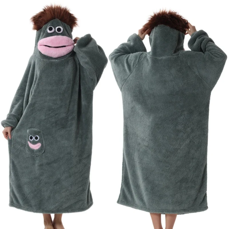 Gray Funny Big Mouth Monster Hooded Robe Soft Coral Fleece Winter Thermal Loose Long Nightgown Casual Daily Homeloungewear Adult