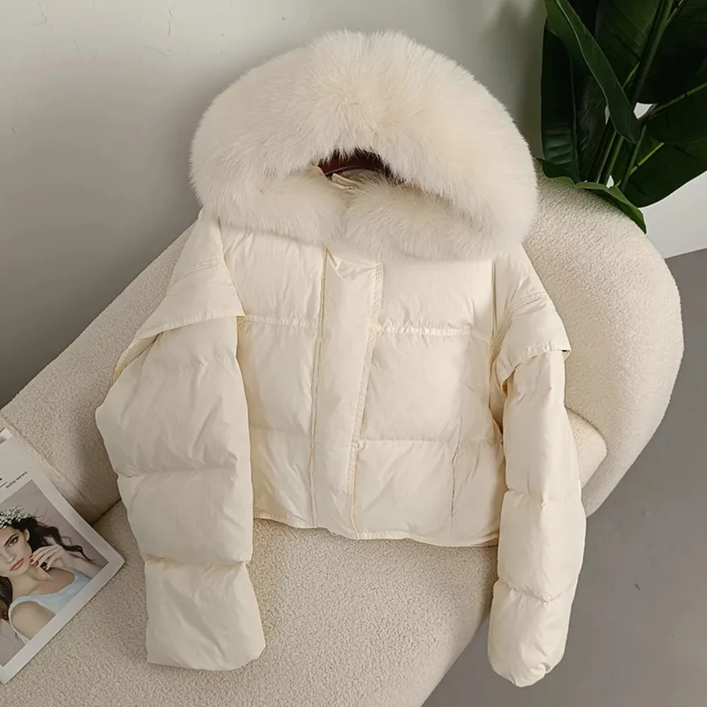 Autumn Winter Women Real Raccoon Fur Collar Hooded Detachable Sleeve Jacket Duck Down Loose Fashionable Streetwear Outerwear